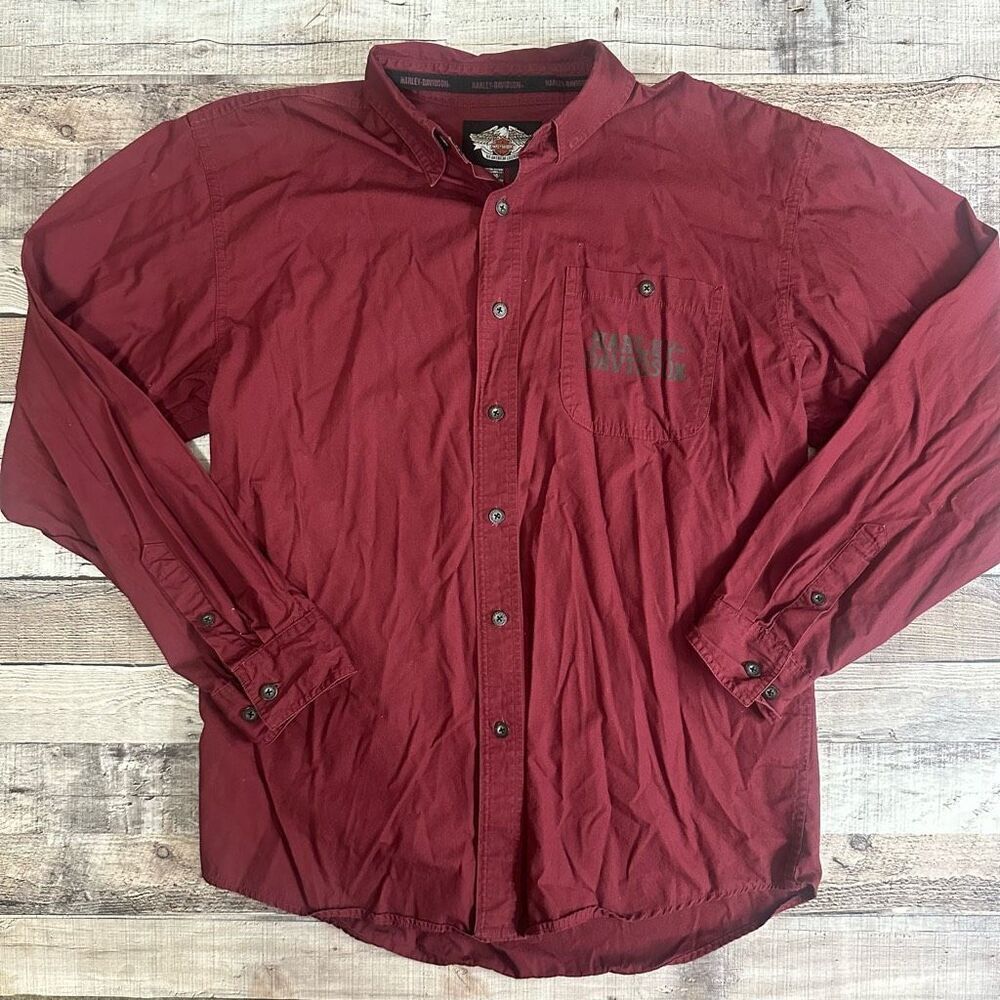 Harley Davidson Y2K Maroon Long Sleeve Button Down Collared Shirt | Size Large